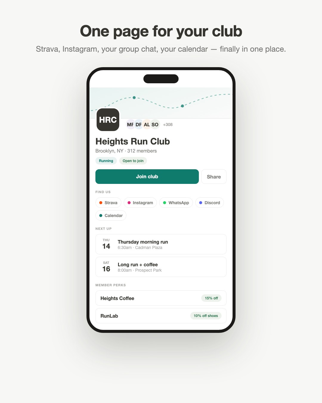 A Pulse club page showing a run club's members, upcoming runs and sponsor perks.