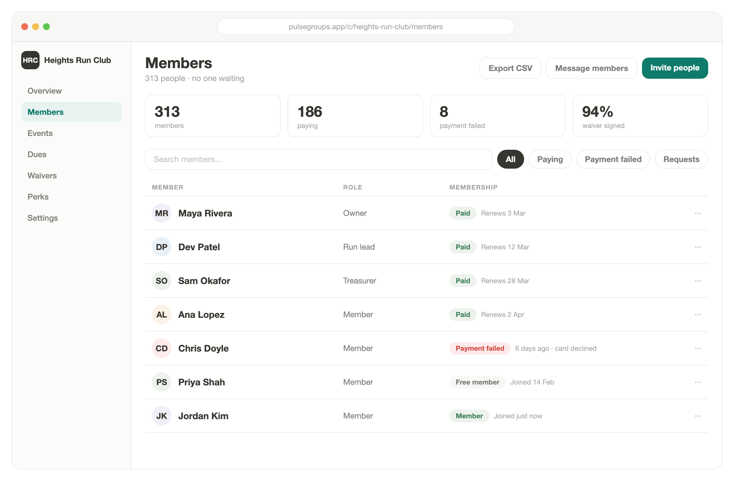 The Pulse club dashboard in a web browser, showing member counts, 8 with a failed payment and 94% waiver signed, above a member table where a pending join request has just been approved.