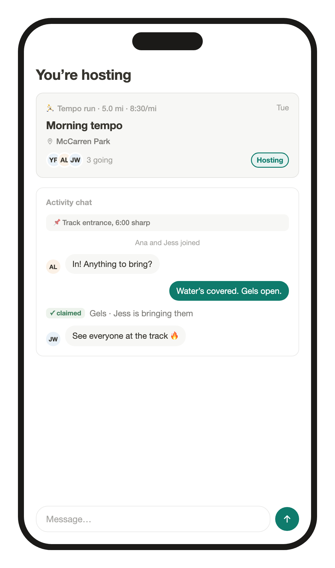A created activity with its Hosting badge above the activity chat, where a pinned message sits at the top and a what-to-bring item is claimed.