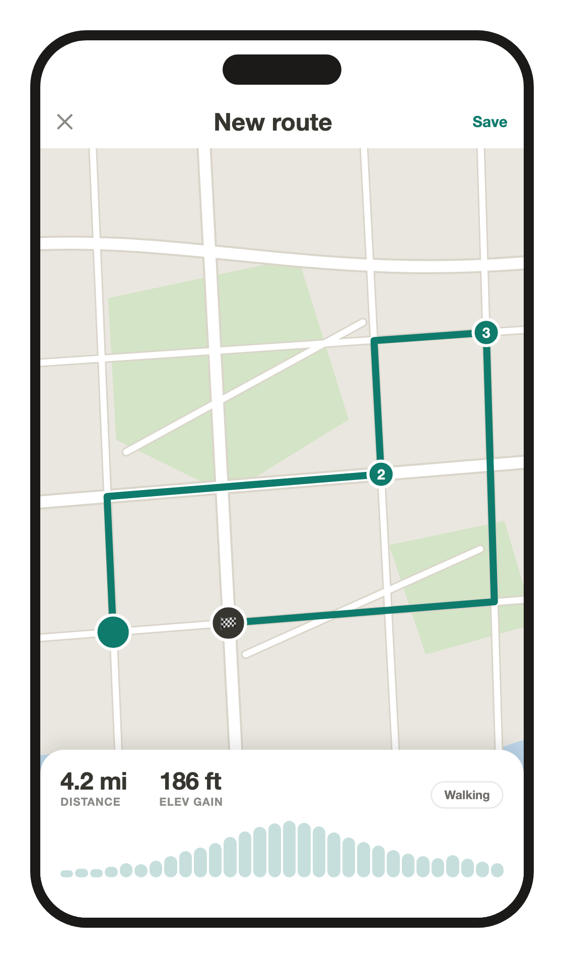 A route being drawn on a map: waypoints dropped one by one, the line between them following the streets, with distance and an elevation profile below.