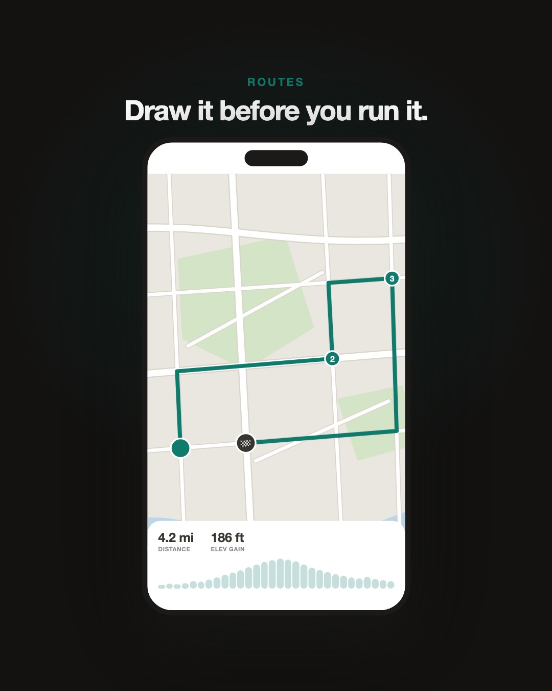 The Pulse app: a route drawn along the streets on a map, with its distance and elevation profile below.