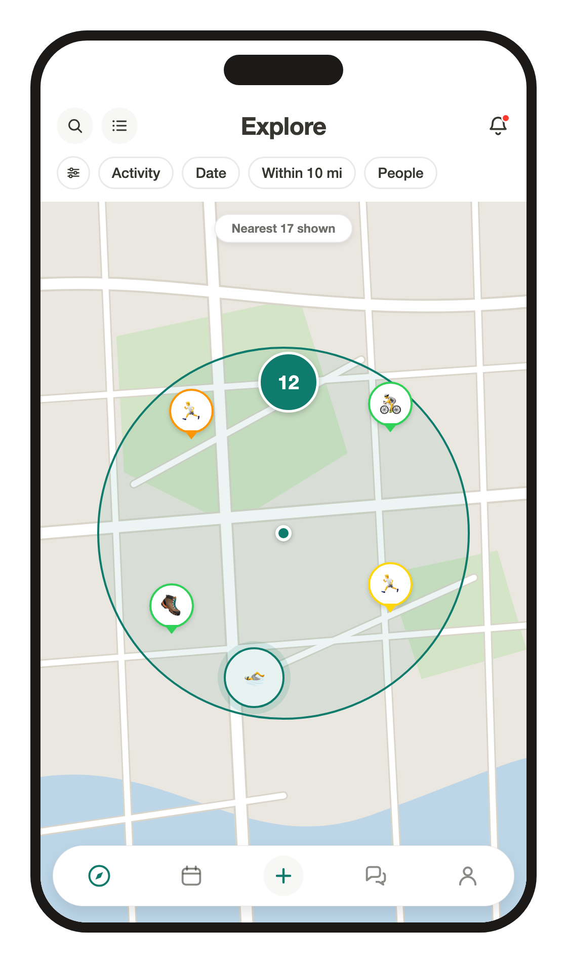 Pulse Explore in map mode: nearby training sessions as pins inside the search radius, with a cluster where they overlap.